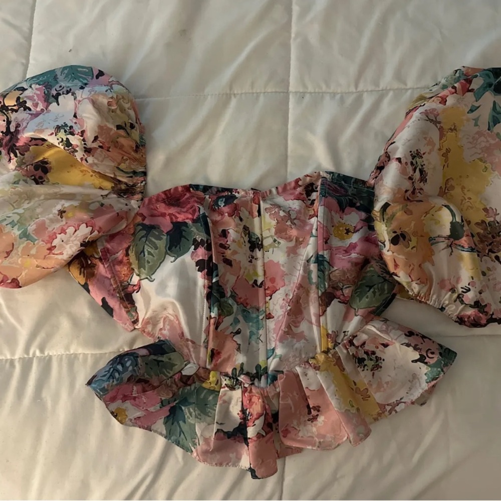 Pink and Green Puff Sleeve Ruffled Blouse